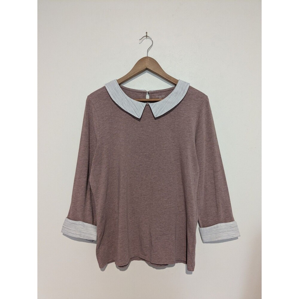 Garnet Hill Blouse Top Mauve Pink Sweater Knit Blouse Collar L Keyhole